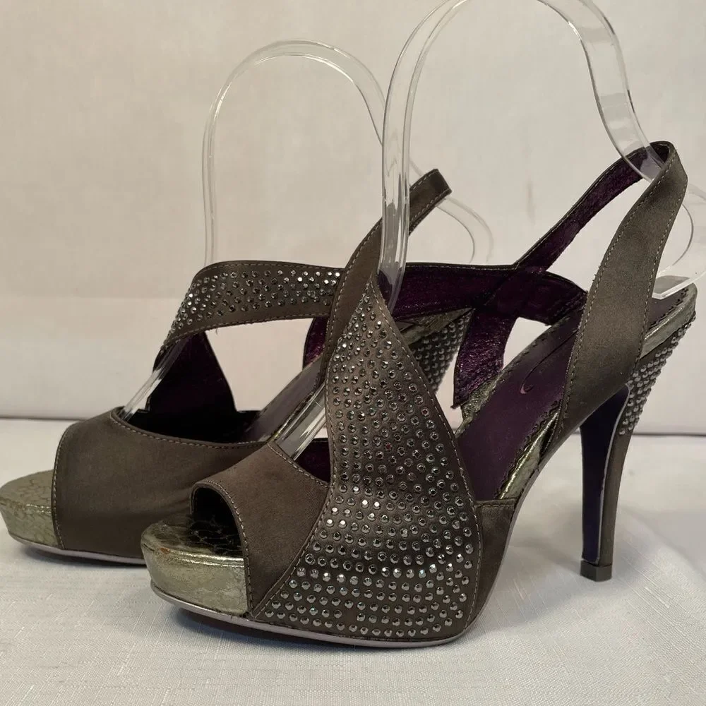 Gray Sandals 4.5” Heels with Rhinestone Detailing size 36.5 NWOT